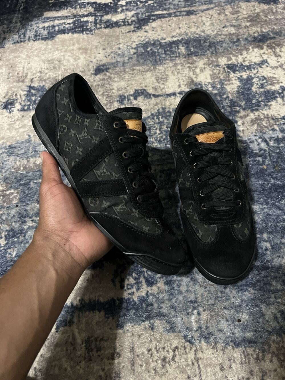 Size 11- Louis Vuitton Energie Black Suede Monogram Denim Low Top Sneakers